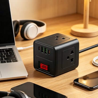 ปลั๊กไฟพกพาทรงลูกบาศก์ 2500W มอก. | ปลั๊กพ่วง 3 เต้าเสียบ พร้อมพอร์ตชาร์จครบจบในตัวเดียว