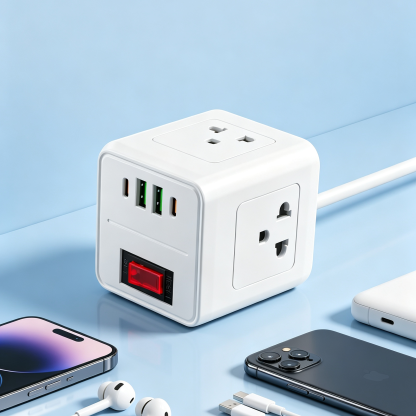 ปลั๊กไฟพกพาทรงลูกบาศก์ 2500W มอก. | ปลั๊กพ่วง 3 เต้าเสียบ พร้อมพอร์ตชาร์จครบจบในตัวเดียว
