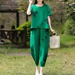 ชุดเสื้อยืดกางเกงผ้าฝ้ายและผ้าลินินแบบสองตัว