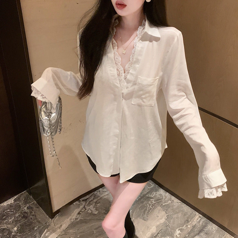 เสื้อเชิ้ตแขนยาวเย็บลูกไม้แบบสองชั้น