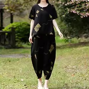 ชุดเสื้อยืดกางเกงผ้าฝ้ายและผ้าลินินแบบสองตัว