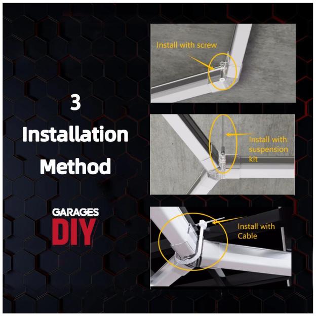 GaragesDIY honeycomb LED light showing three installation options
