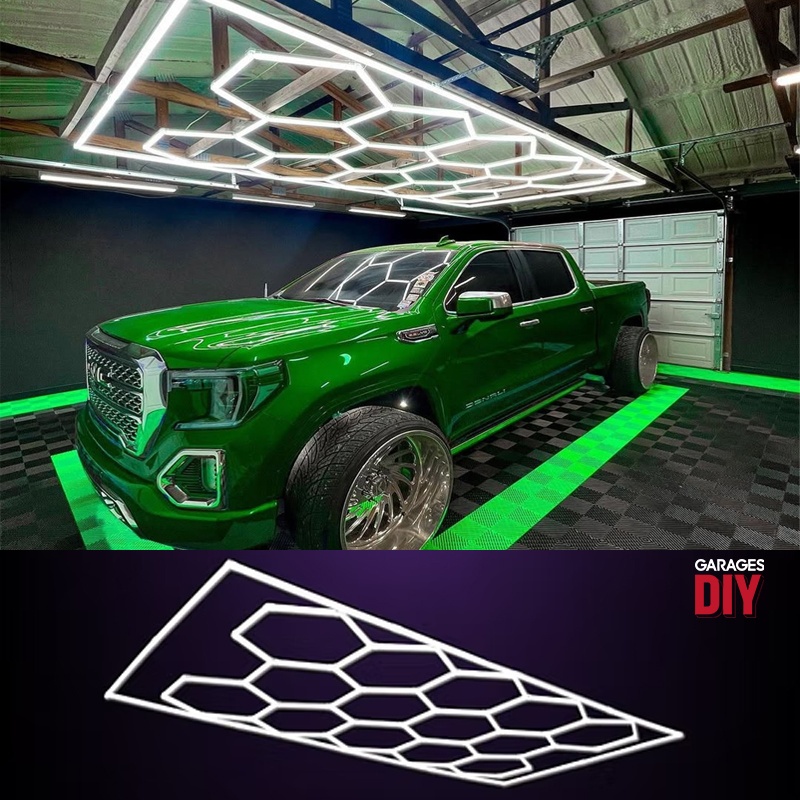 Honeycomb LED ceiling light installed in organized garage
