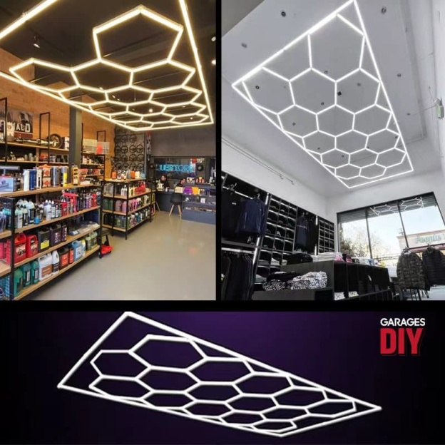 Bright hexagon LED ceiling light illuminating retail store interior
