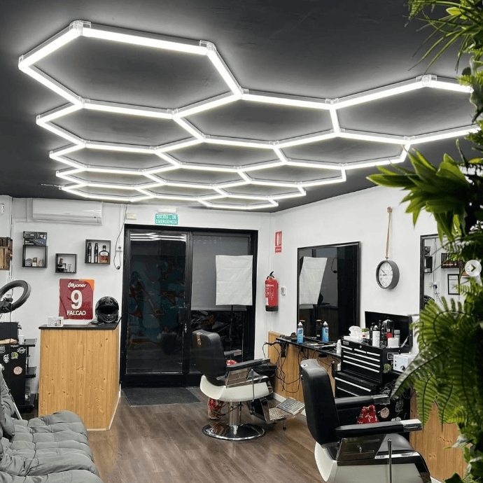 Ceiling mounted hexagon LED lighting for grooming area
