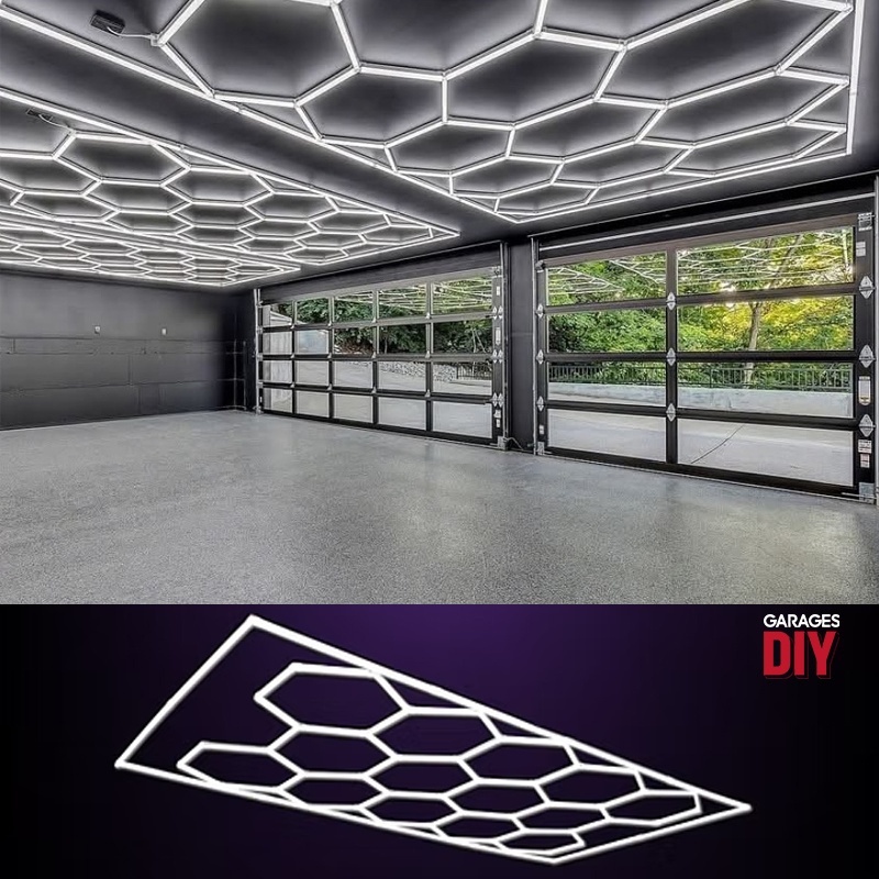 Hexagon LED ceiling light enhancing showroom display area
