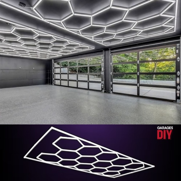 Hexagon LED ceiling light enhancing showroom display area
