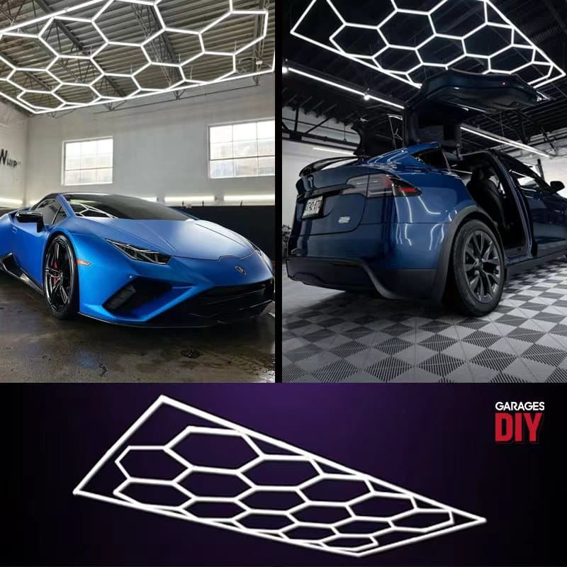 Bright white honeycomb LED light for performance car workshop