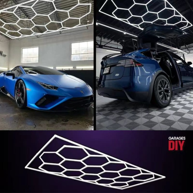Bright white honeycomb LED light for performance car workshop
