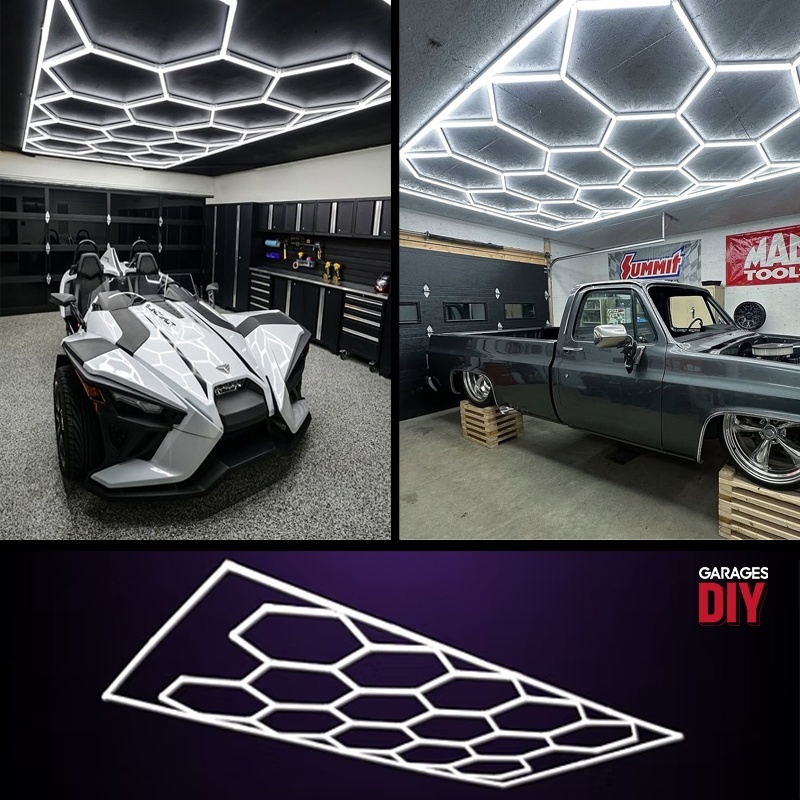 Bright hexagon LED light illuminating home garage workspace
