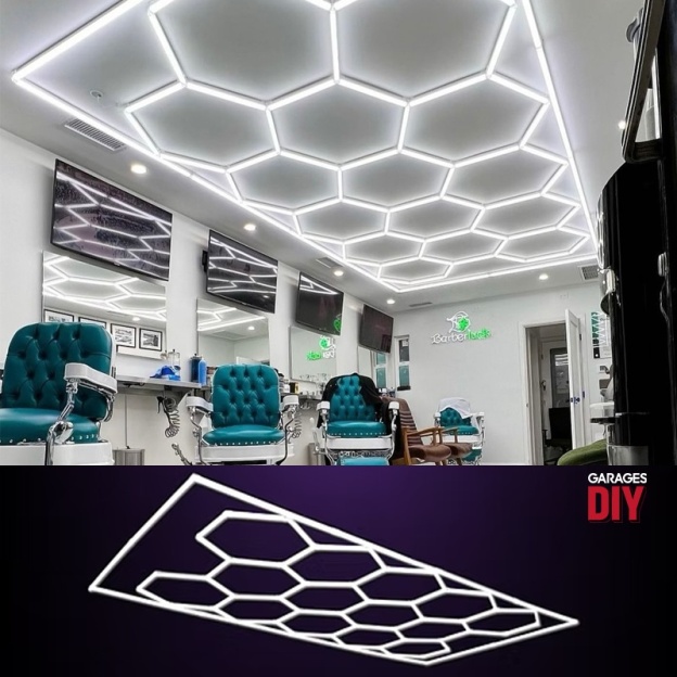 Bright hexagon LED ceiling light illuminating barber shop