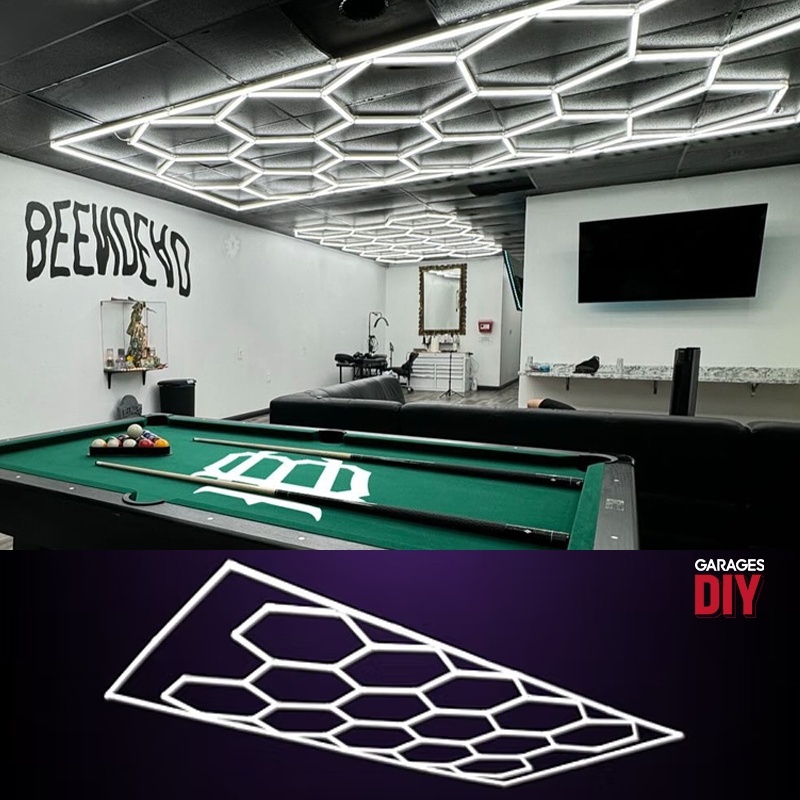 Bright hexagon LED ceiling light illuminating modern billiard hall