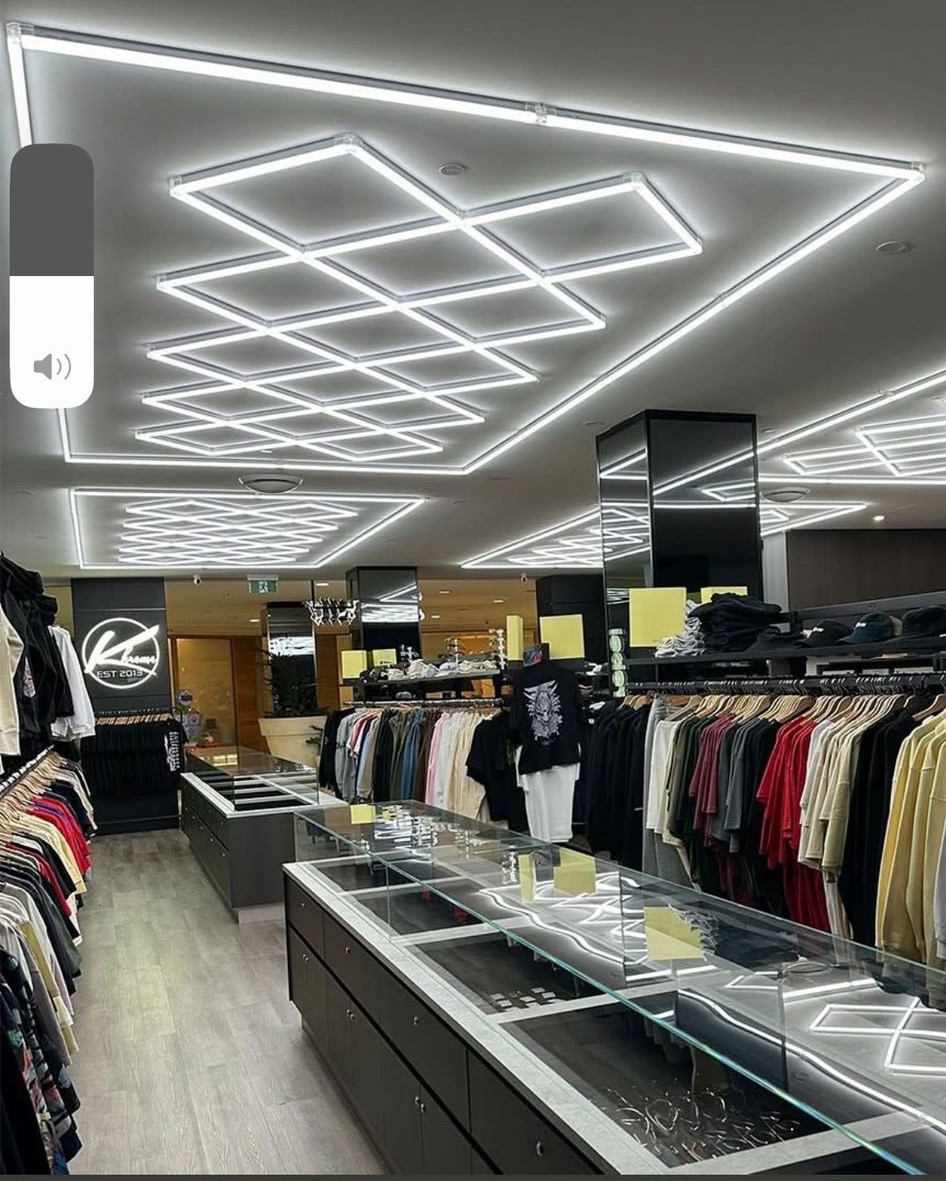 bright hexagon LED ceiling light ideal for modern clothing stores
