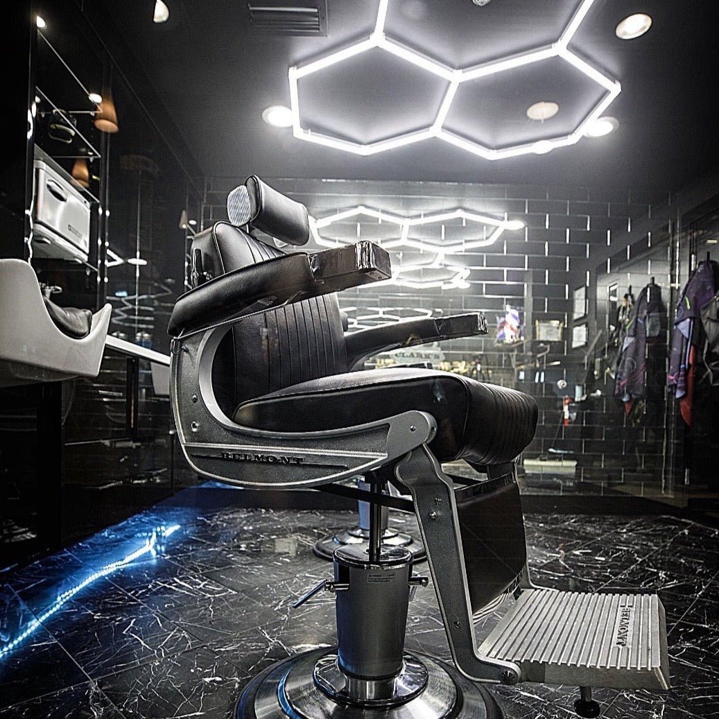 Bright hexagon LED ceiling light illuminating professional barber shop
