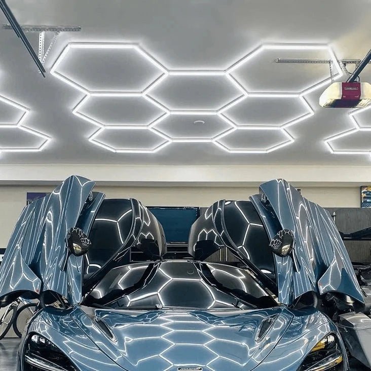 Honeycomb LED lighting providing clear visibility in garage workspace
