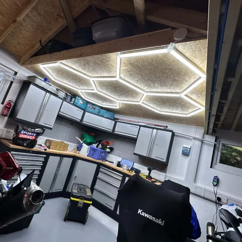 Honeycomb LED ceiling light illuminating work area
