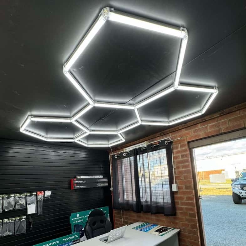 Bright hexagon LED lighting for functional work room
