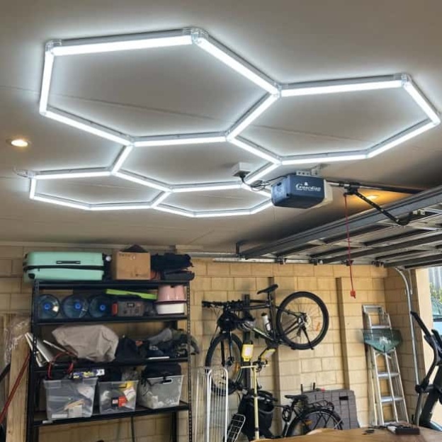 Ceiling mounted hexagon LED light for private garage