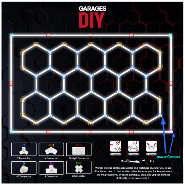GaragesDIY hexagon LED light connector and light tube installation instructions