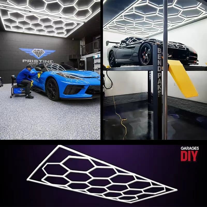 Hexagon LED ceiling light improving visibility in car upgrade shop