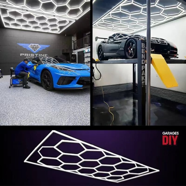 Hexagon LED ceiling light improving visibility in car upgrade shop