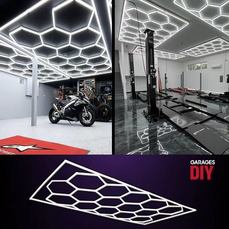 Professional hexagon LED lighting in car tuning studio