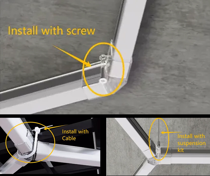 {"default":"three installation methods for hexagon garage light including cable ties, suspension, and expansion bolt"}
