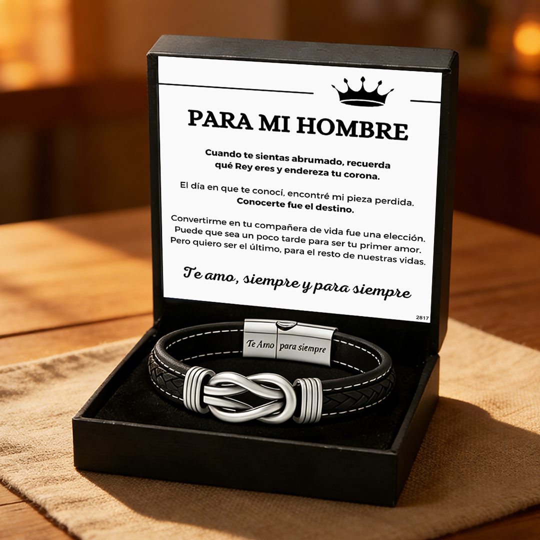 Para mi hombre – Pulsera entrelazada con mensaje “Te amo, siempre y para siempre”
