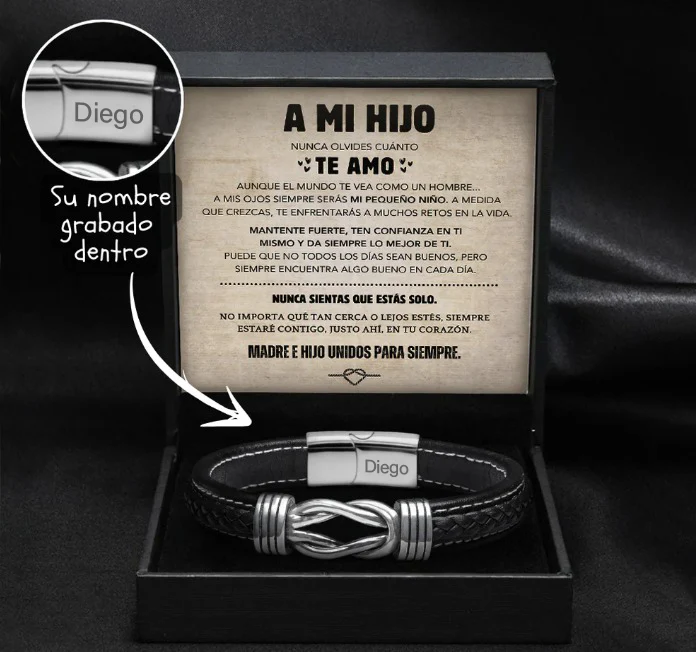 Brazalete con Nudo Infinito para Hijo – Regalo Personalizado con Nombre Grabado y Tarjeta Emotiva