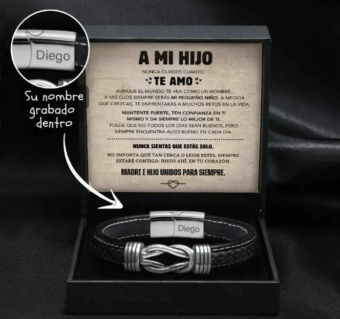 Brazalete con Nudo Infinito para Hijo – Regalo Personalizado con Nombre Grabado y Tarjeta Emotiva