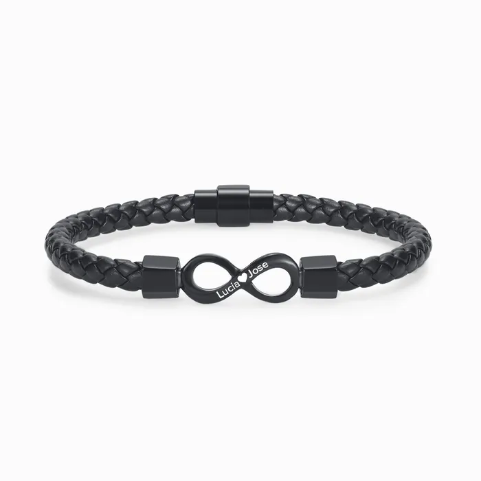 A Mi Hombre – Pulsera de Cuero con Nudo Infinito y Grabado de Dos Nombres