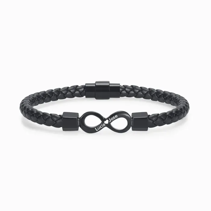 A Mi Hombre – Pulsera de Cuero con Nudo Infinito y Grabado de Dos Nombres
