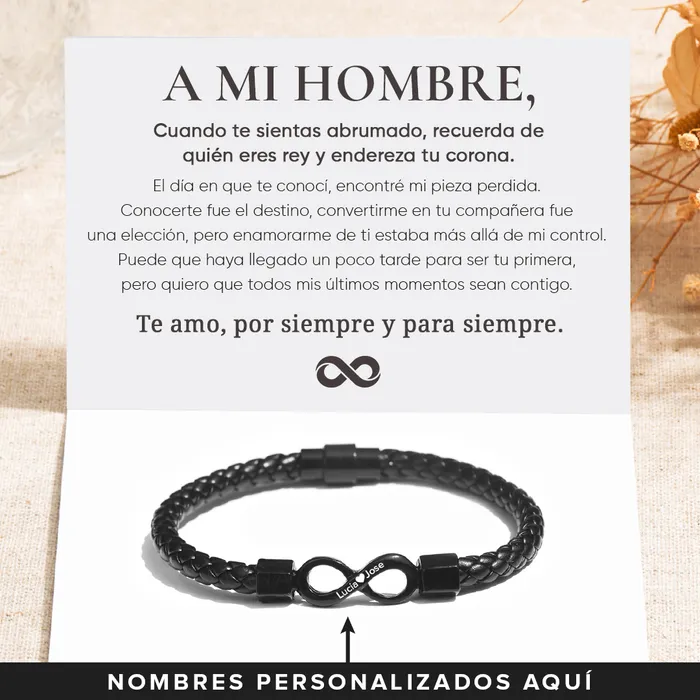 A Mi Hombre – Pulsera de Cuero con Nudo Infinito y Grabado de Dos Nombres