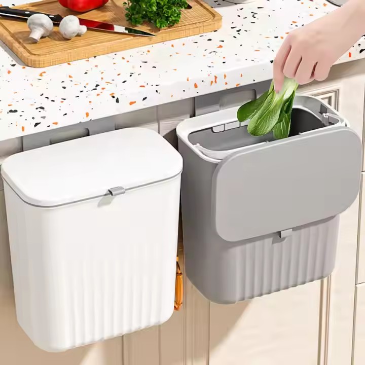 9L Wall Mounted Kitchen Waste Bin Logo Custom Garbage Bin Pp Household Hanging Storage Trash Can With Lid for Cabinets
