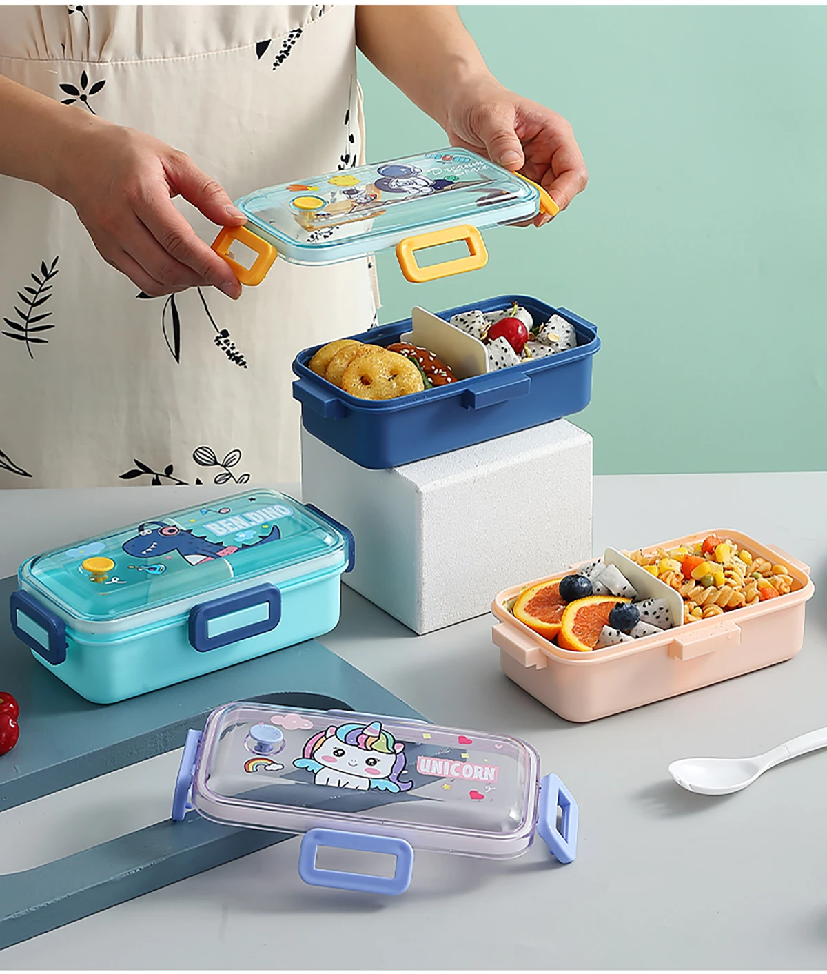  PP Plastic Cartoon Unicorn Kids School Bento Food Container 