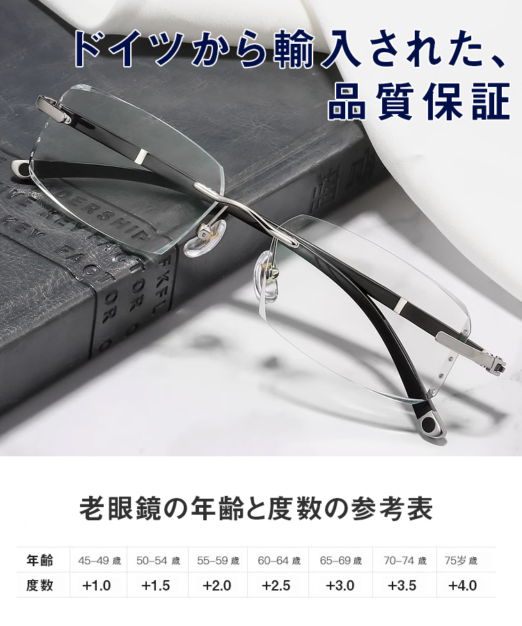 ファッショナブルなフレームレス老眼鏡