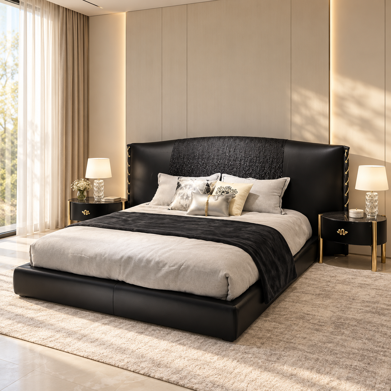 Noir Textured Headboard Bed