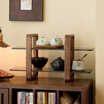 实木双层玻璃置物架