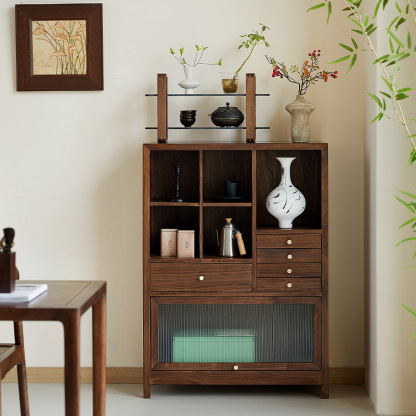 实木双层玻璃置物架