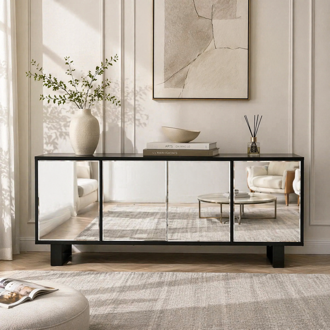 Noir Mirrored 4-Door Cabinet