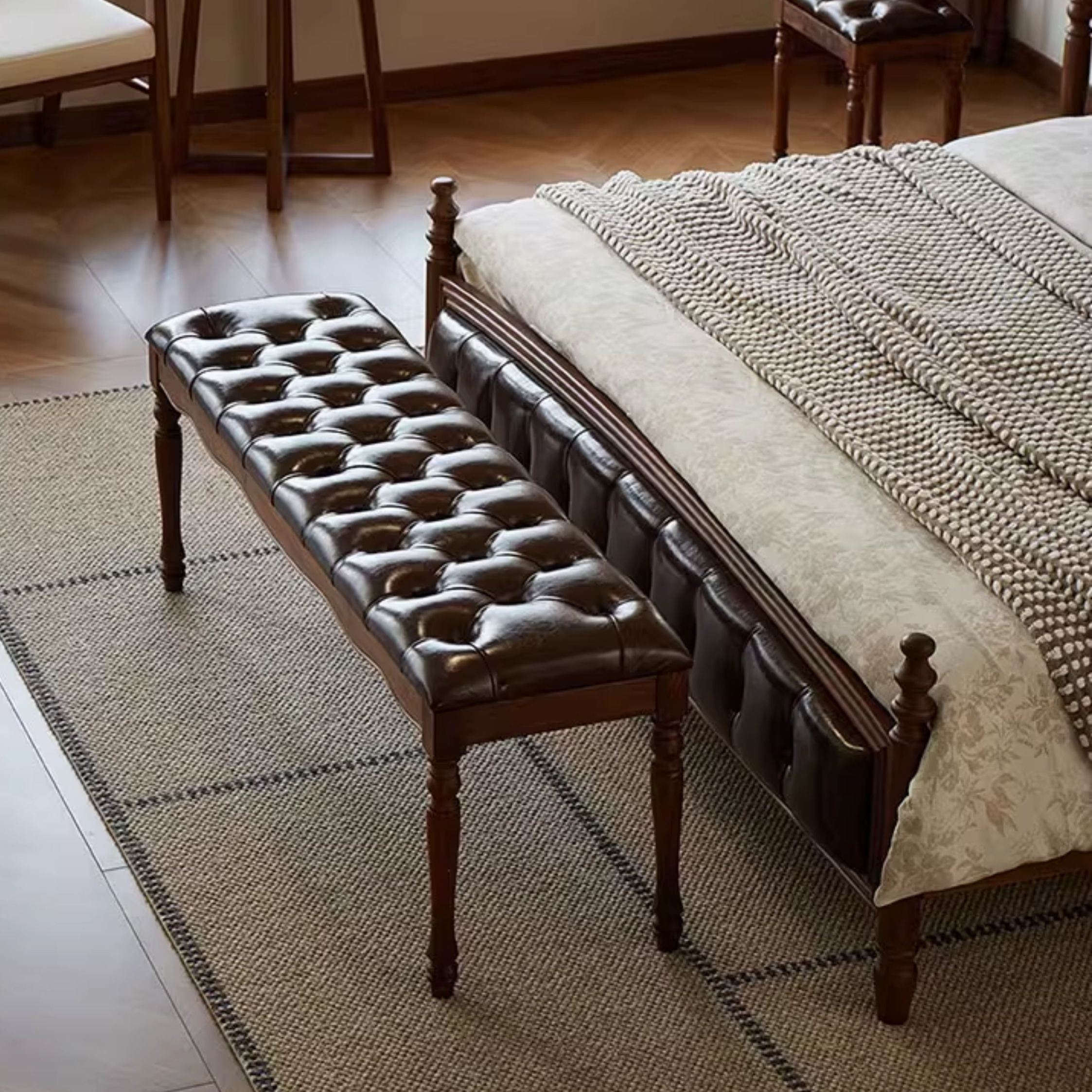 Windsor Walnut Leather Bench