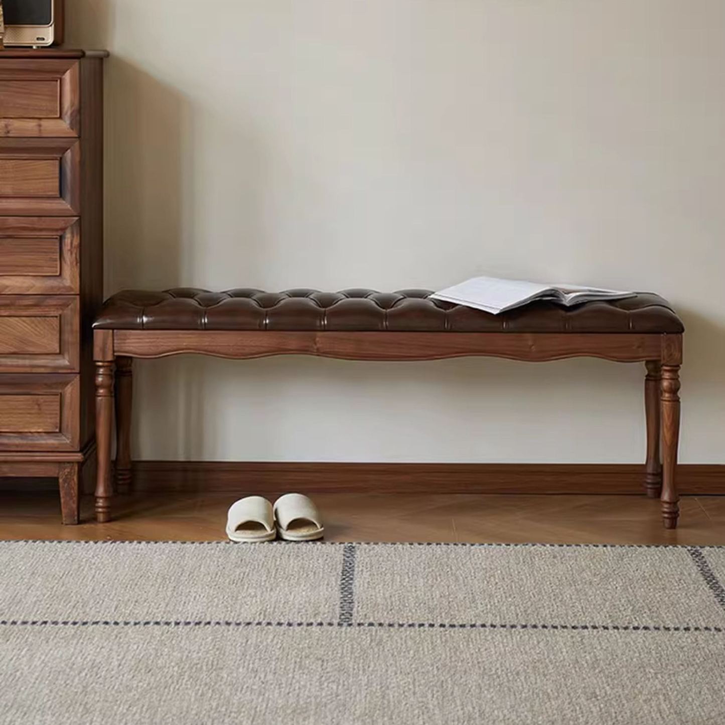 Windsor Walnut Leather Bench