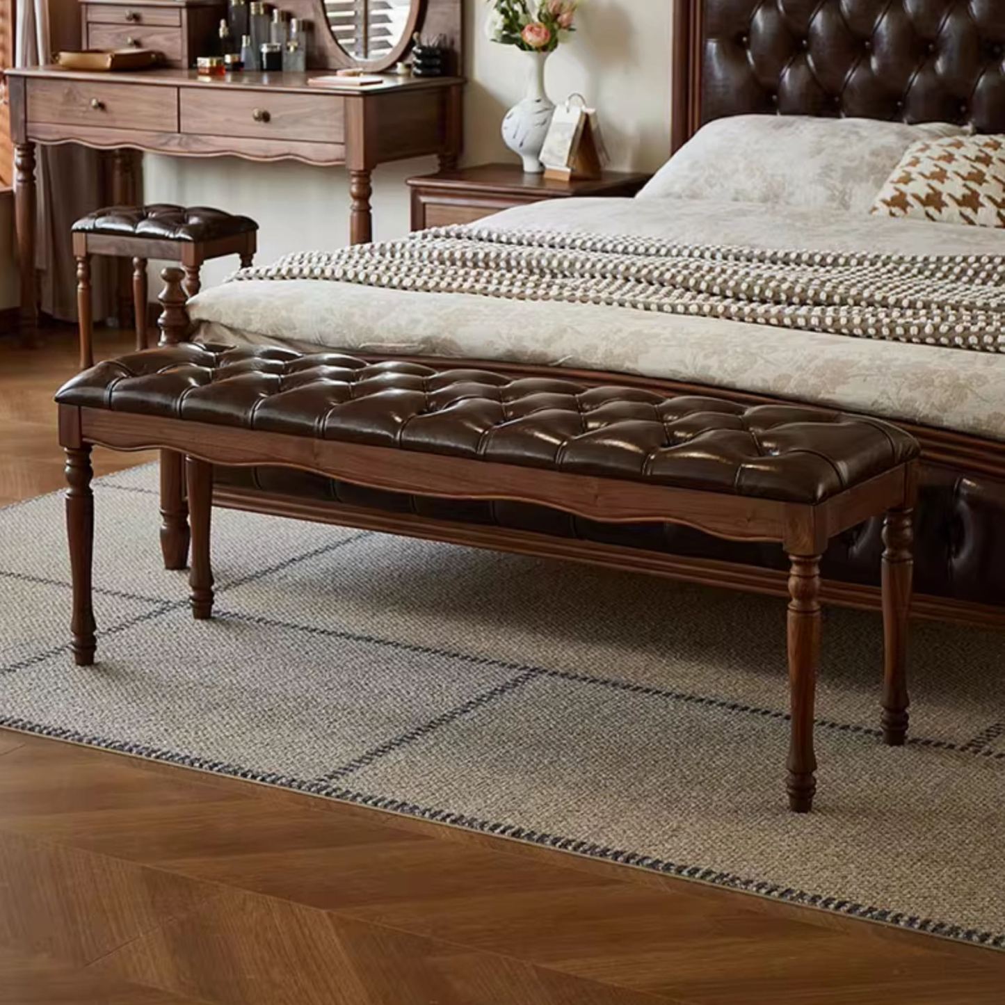 Windsor Walnut Leather Bench