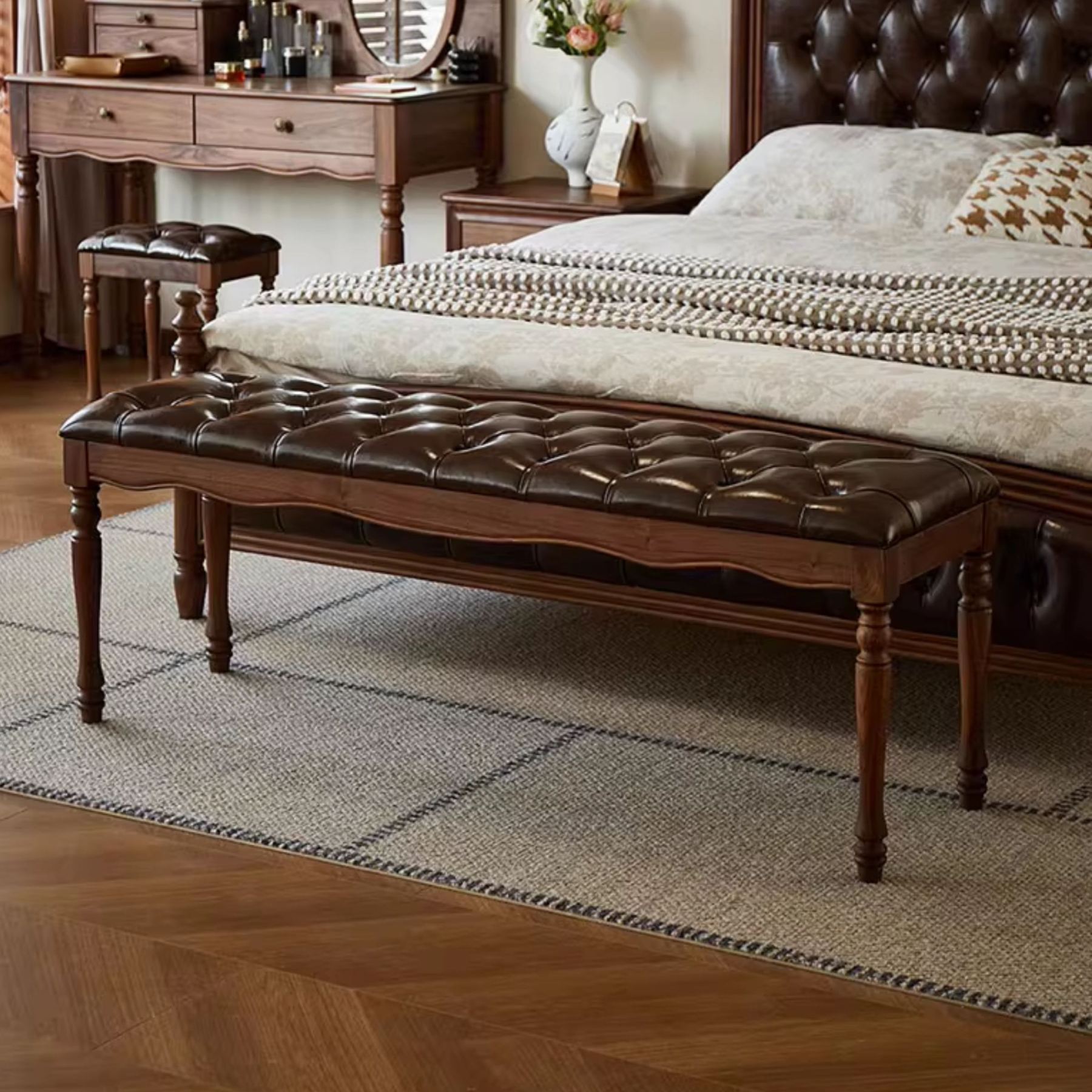 Windsor Walnut Leather Bench