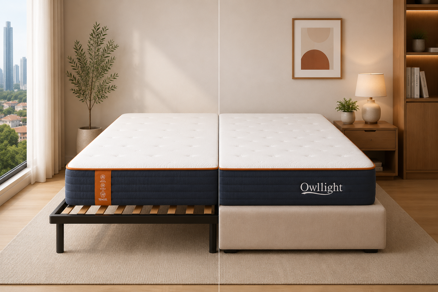 Owllight mattress shown on a slatted bed frame on the left and a solid divan base on the right
