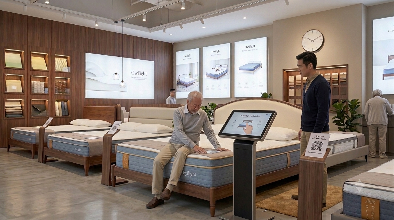 Mattress showroom with an older shopper testing an Owllight bed while a staff member assists