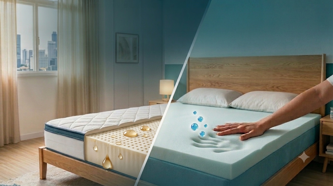 Split image comparing a perforated latex topper with a memory foam topper on a bed