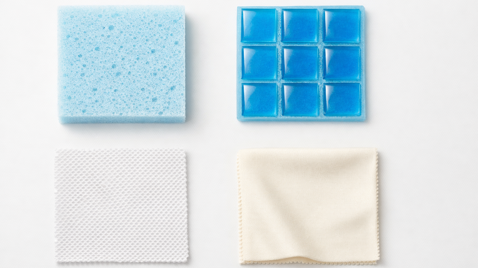 Four mattress topper cooling materials side by side: open-cell foam, gel-infused foam pods, breathable mesh and Tencel fabric