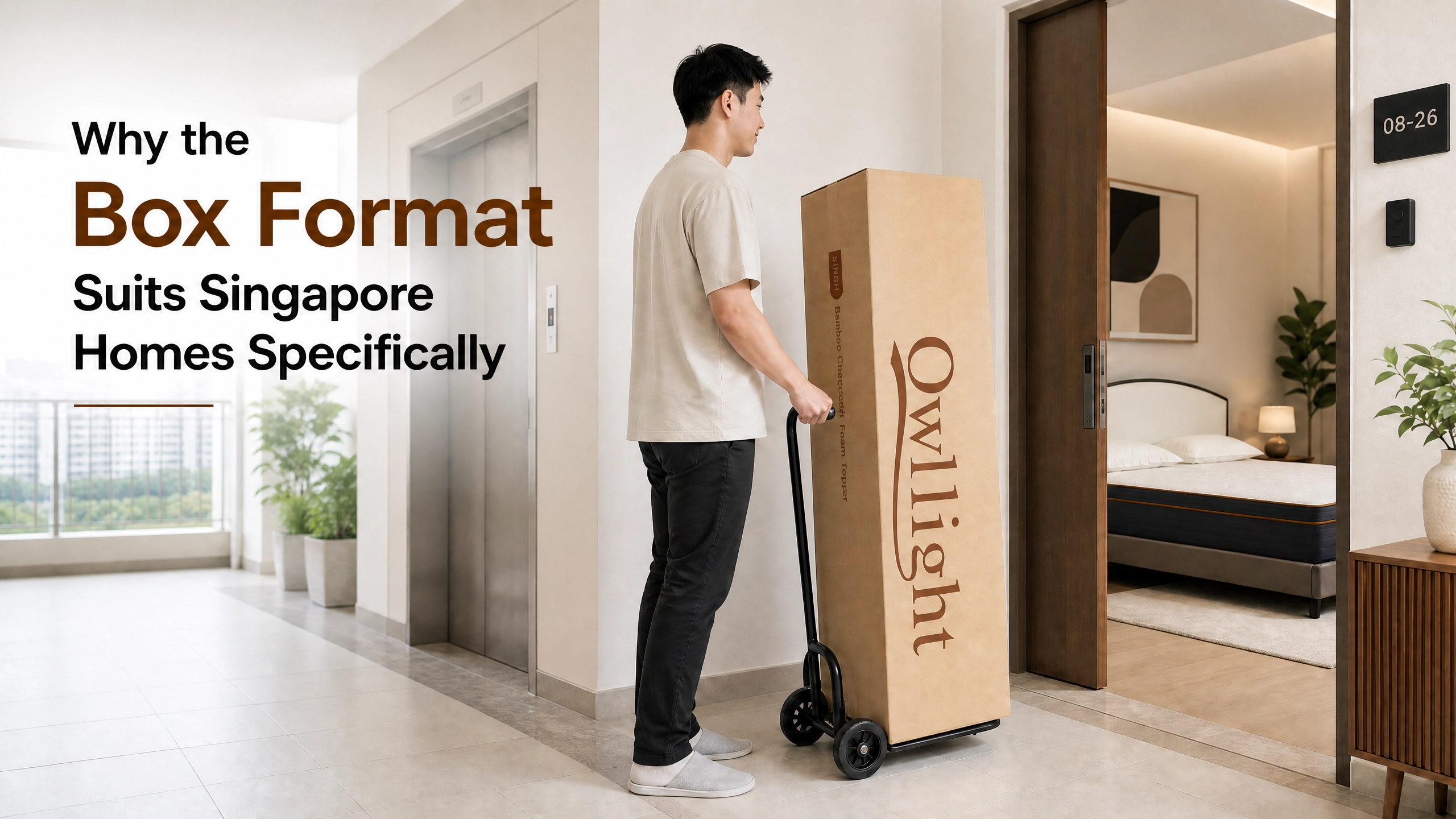 Man wheeling a boxed Owllight mattress past a lift landing into a Singapore flat