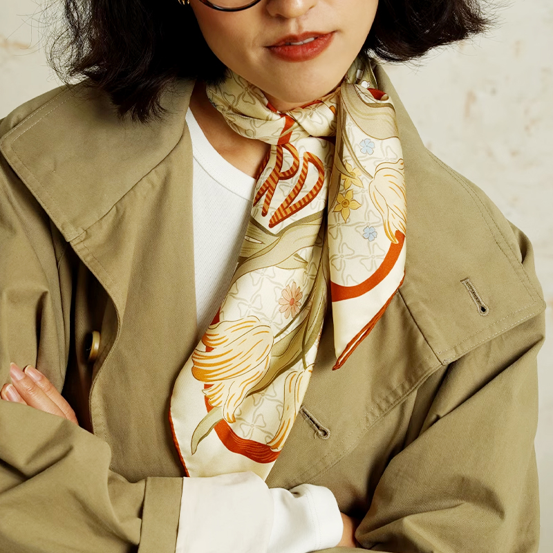 復古美拉德鬱金香真絲方巾
